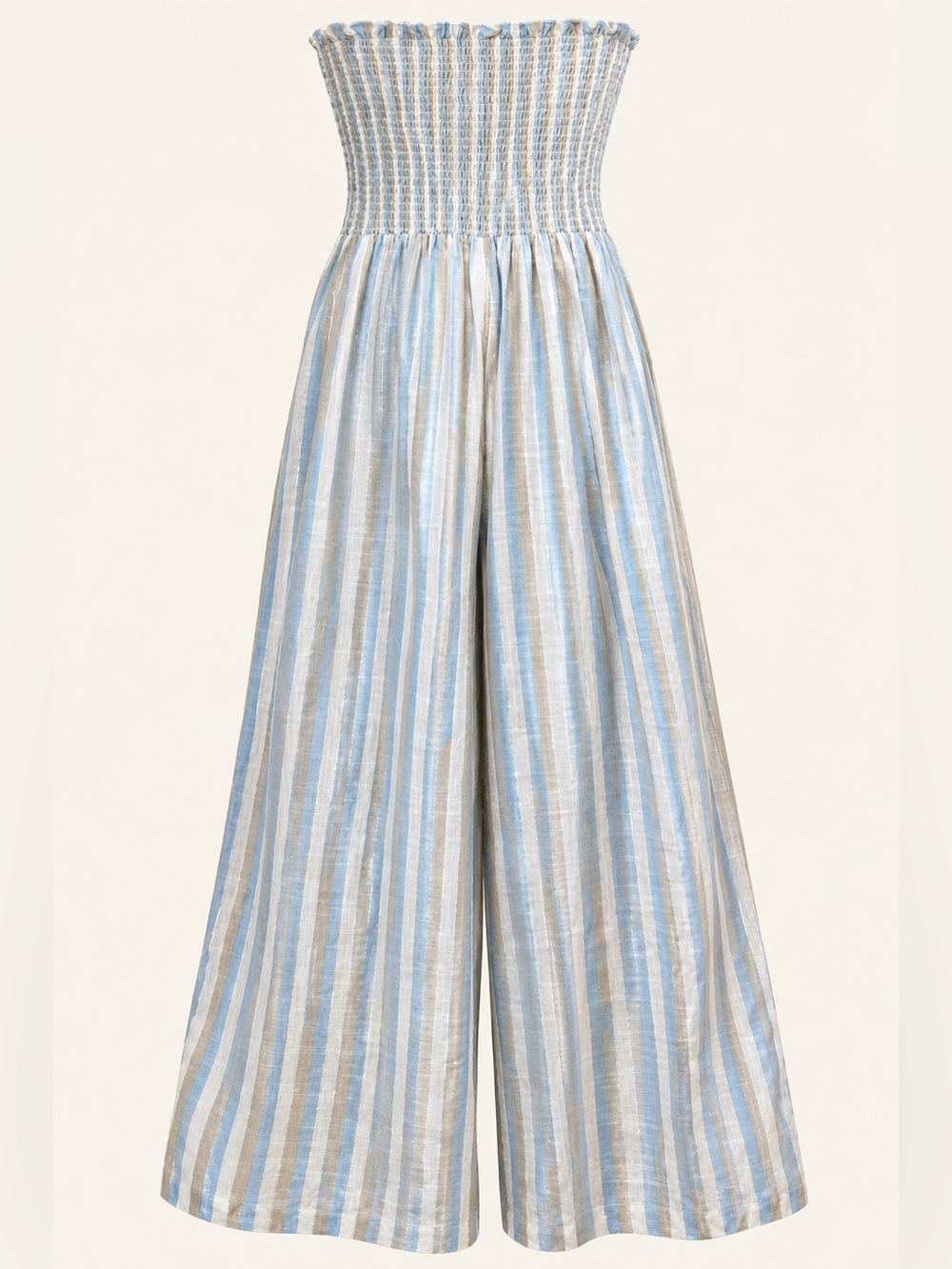 Strapless Smocked Wide Leg Flowy Cotton Jumpsuit Blue/Cream/Tan/Silver Stripe L